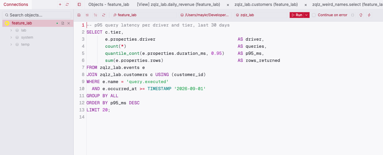 ZQLZ SQL editor with a DuckDB query using STRUCT field access, quantile_cont, and GROUP BY ALL