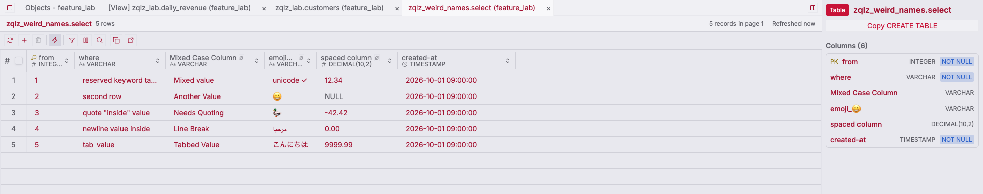 ZQLZ grid of a DuckDB table named select with mixed-case and spaced columns and emoji values