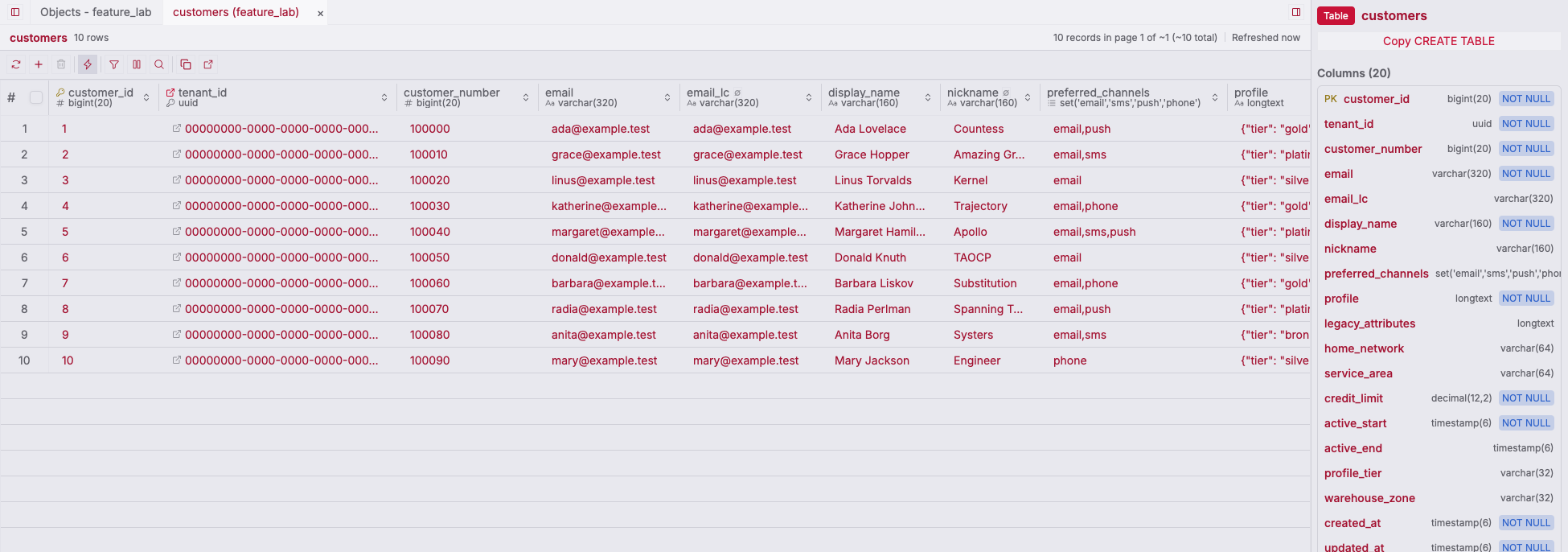 ZQLZ grid of a MariaDB customers table with native UUID, SET, and JSON columns