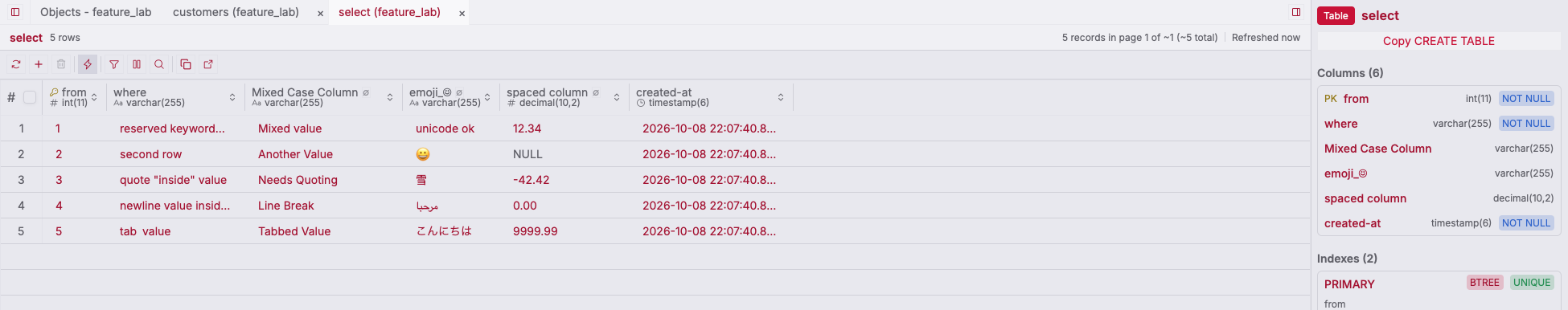 ZQLZ grid of a MariaDB table named select with mixed-case and spaced columns and emoji values