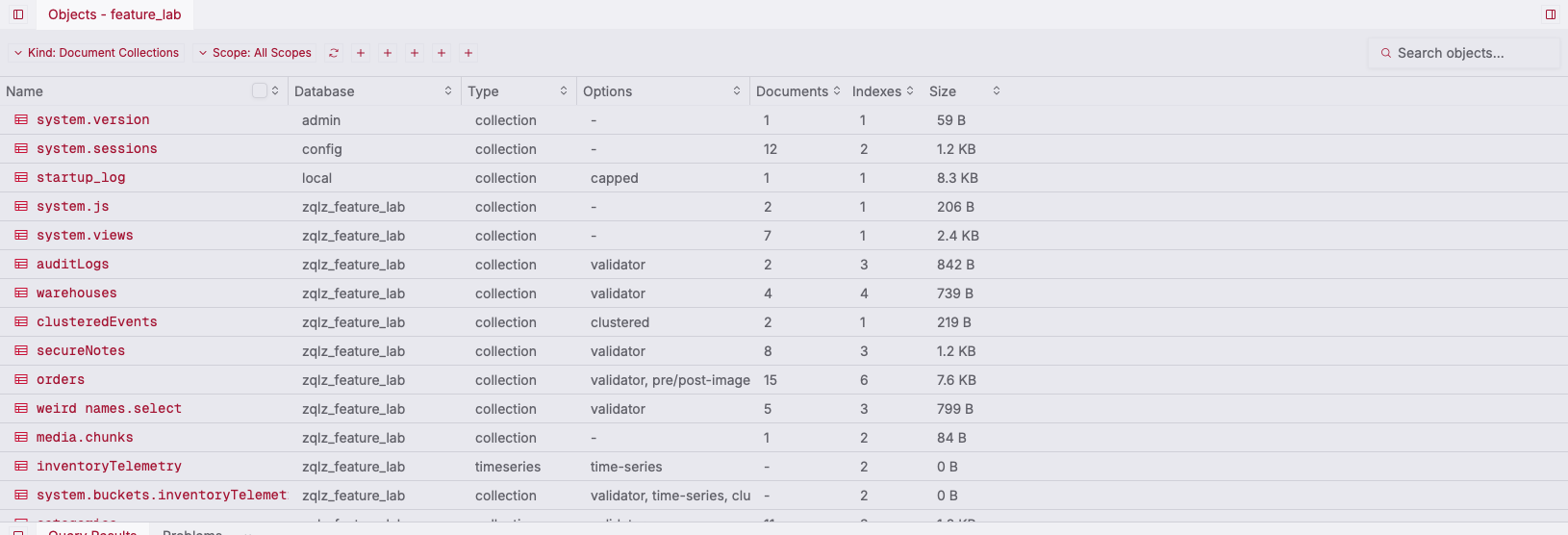ZQLZ objects panel listing MongoDB collections, views and time series collections with document count, index count and size