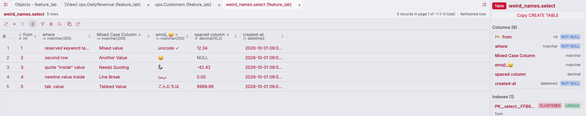 ZQLZ grid of a SQL Server table named select in its own schema with keyword and emoji column names