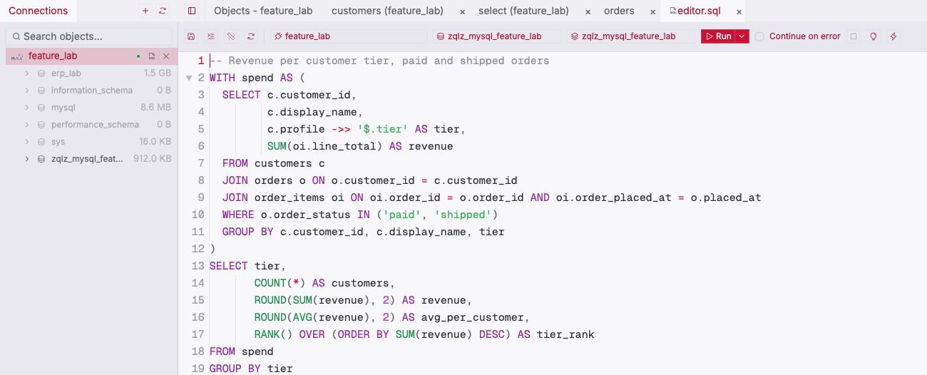 ZQLZ SQL editor with a MySQL CTE, the ->> JSON operator, and a RANK() window function