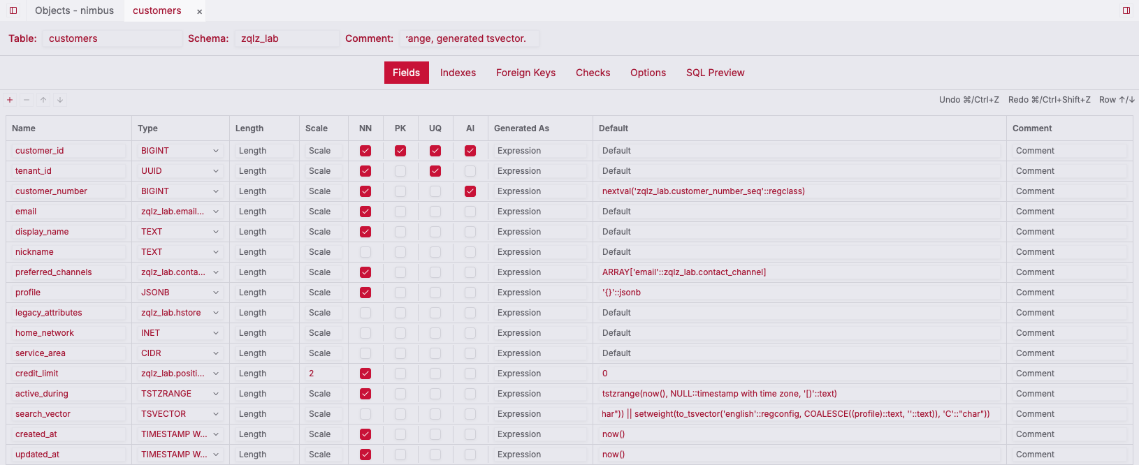 ZQLZ table designer editing a PostgreSQL table with domain, enum array, JSONB, inet, and tstzrange columns