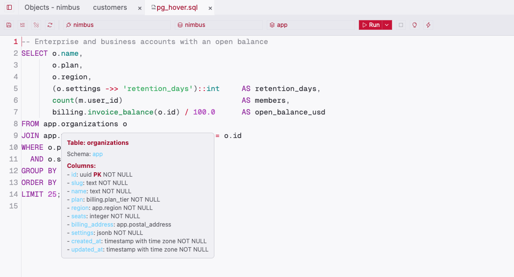 ZQLZ SQL editor showing a hover card with the columns of the PostgreSQL app.organizations table