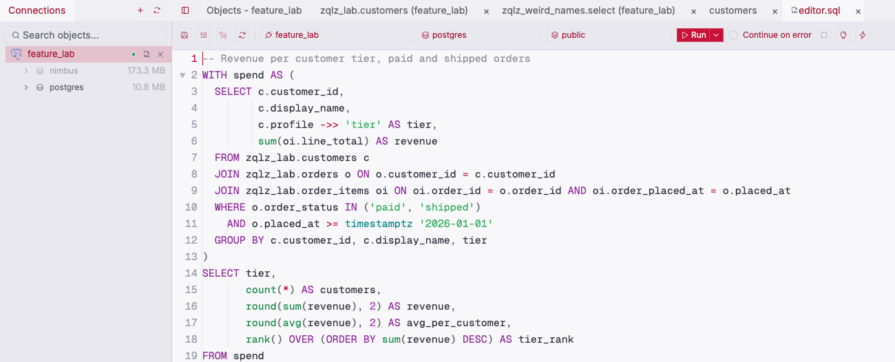 ZQLZ SQL editor with a PostgreSQL CTE, the ->> JSON operator, and a rank() window function