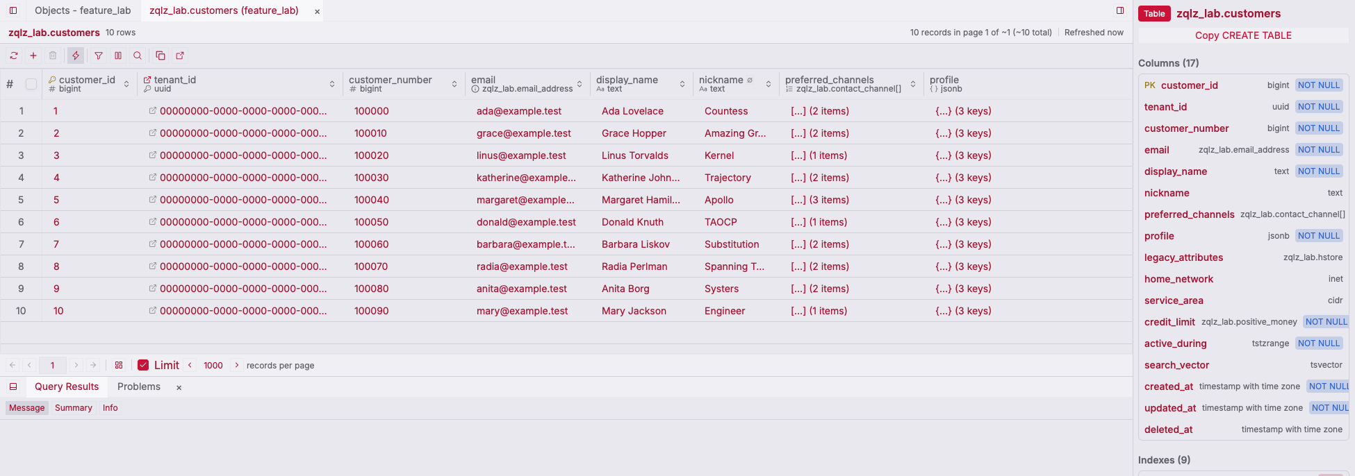 ZQLZ grid of a PostgreSQL customers table with citext, enum array, JSONB, and hstore columns