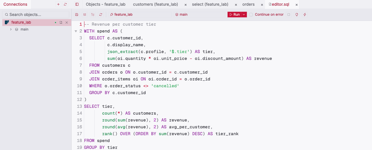 ZQLZ SQL editor with a SQLite CTE, json_extract, and a rank() window function