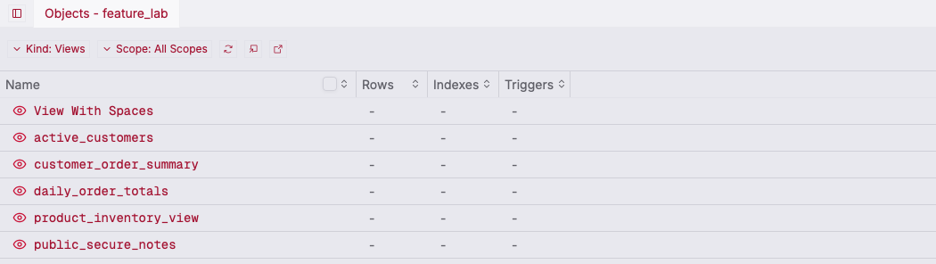 ZQLZ object list showing six SQLite views, one with spaces in its name